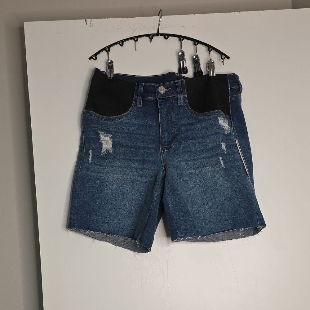 Time and Tru Blue Distressed Denim Maternity Shorts with Black Stretch Panel